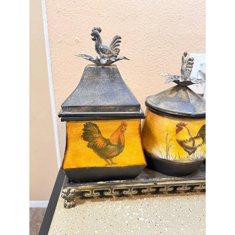 Vintage CBK Country Rustic‎ Kitchen Storage Canister Rooster Set w Tray 18x12x6